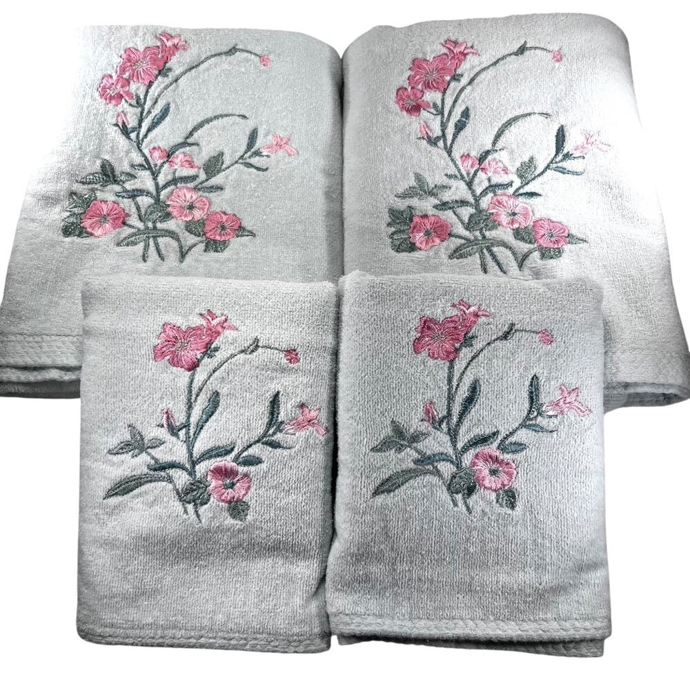 Vtg Embroidered Floral Bath Hand Towel Set of 4 The Royal Collection Green Pink - Picture 2 of 16